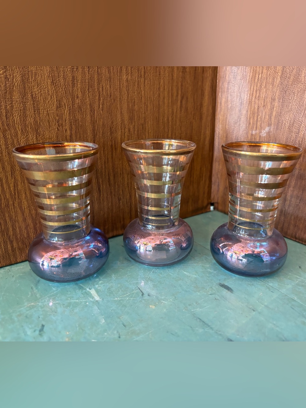 3 Vintage Bartlett Collins Mini Bud Vases iridescent Blue Gold Striped